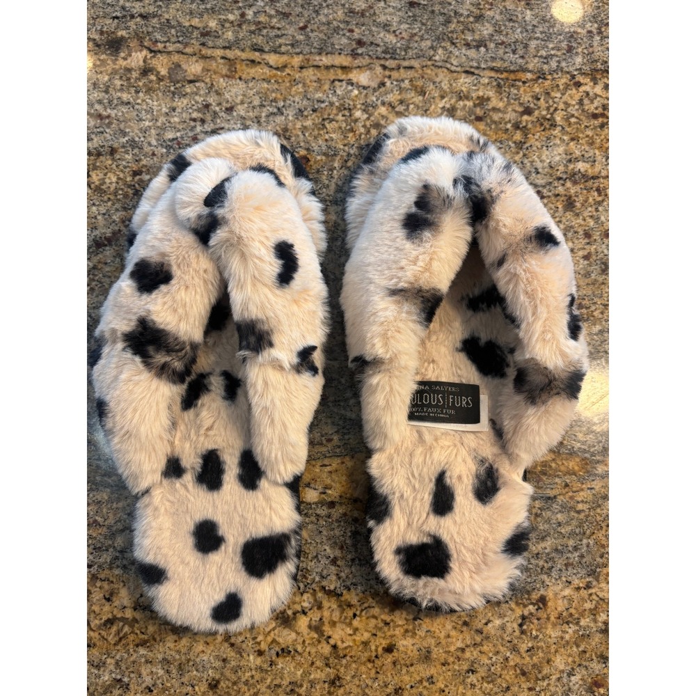 Plush Dalmatian-Print Women's Slip-On Slippers - Cream & Black